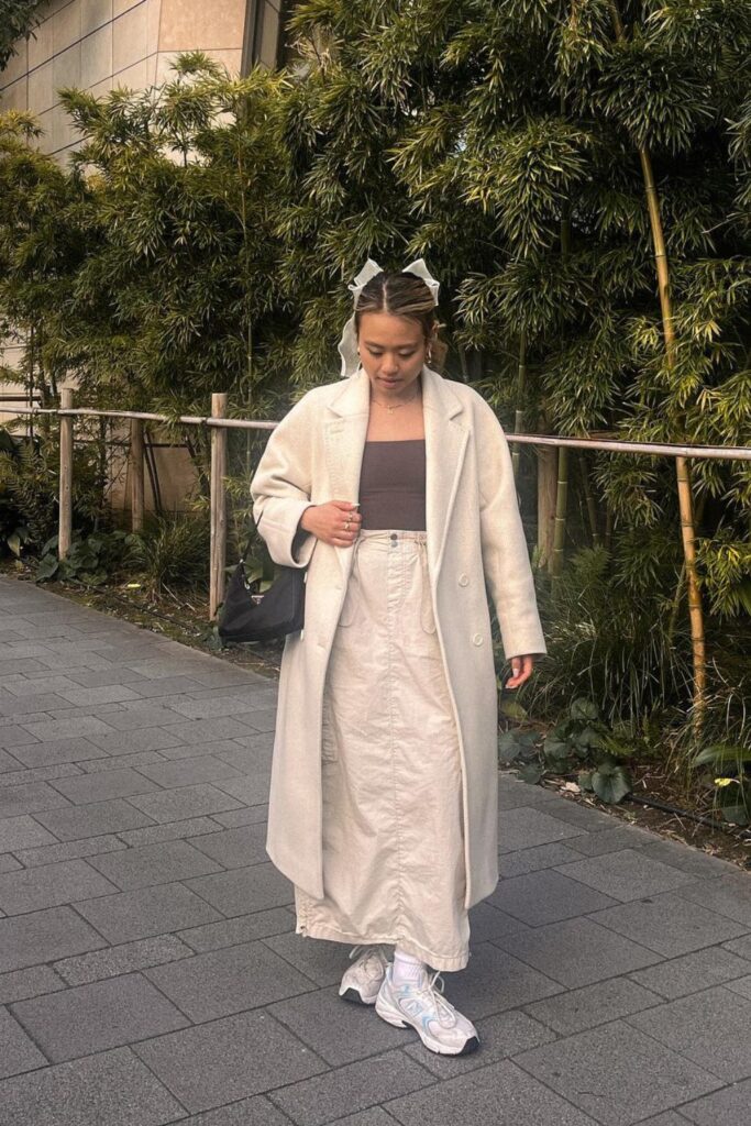 Cream Long Coat and Brown Crop Top