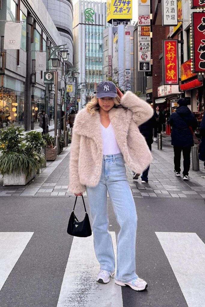 Fuzzy Coat and Wide-Leg Jeans