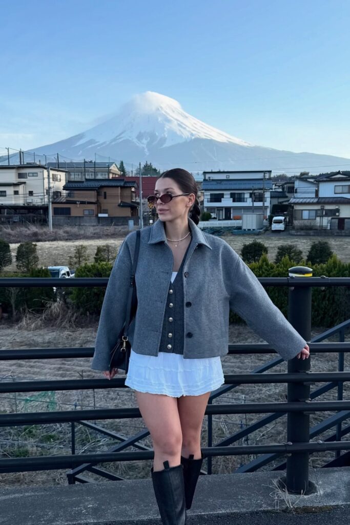 Gray Cropped Jacket and White Mini Skirt