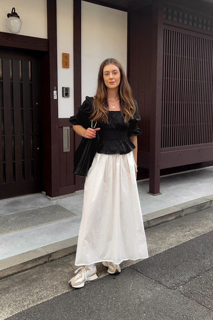 Black Puff-Sleeve Top and White Maxi Skirt