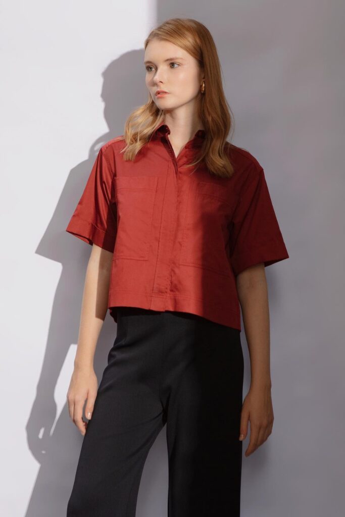 Red Short-Sleeved Shirt and Black Pants