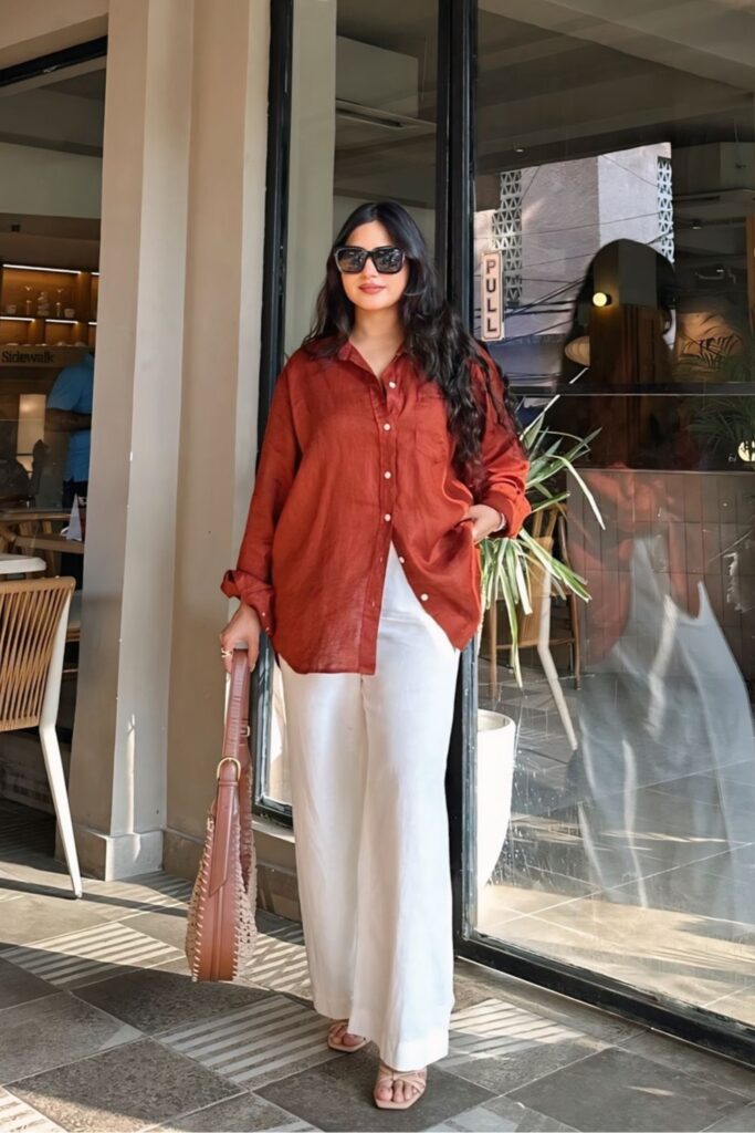 Rust-Colored Shirt and White Wide-Leg Pants