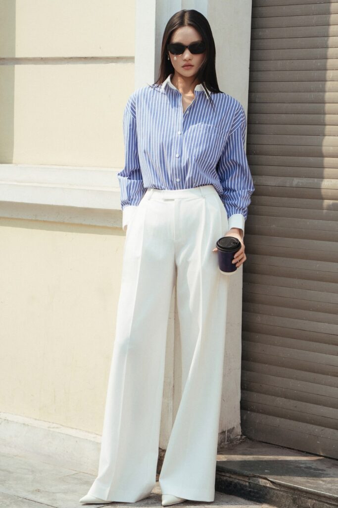Blue Striped Shirt and White Trousers