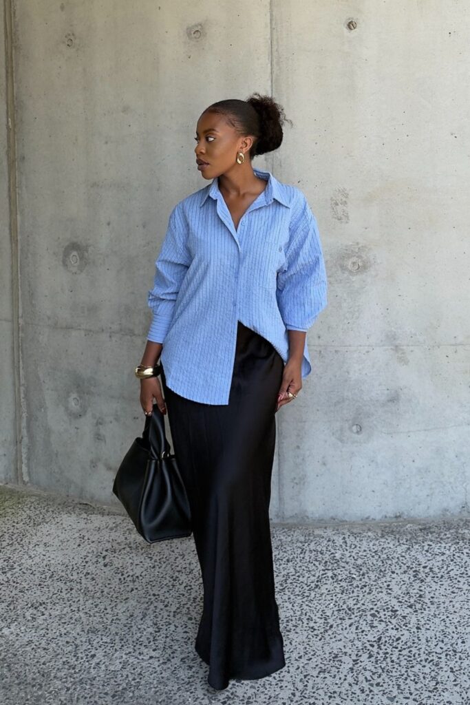 Light Blue Shirt and Black Maxi Skirt