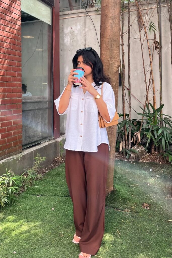 White Button-Down and Brown Wide-Leg Pants