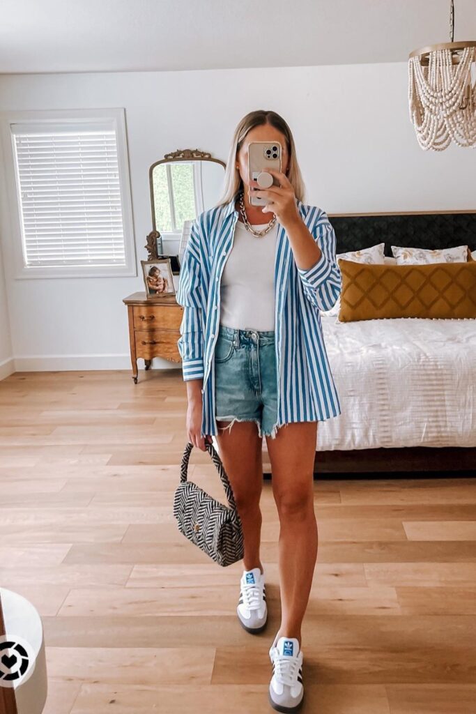 Blue Striped Shirt with Denim Shorts