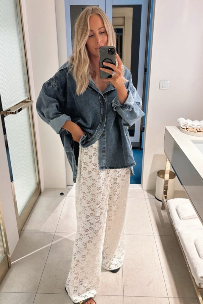 Denim Shirt Jacket and White Lace Pants