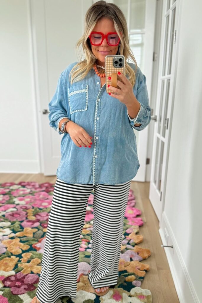 Denim Button-Up and Striped Pants