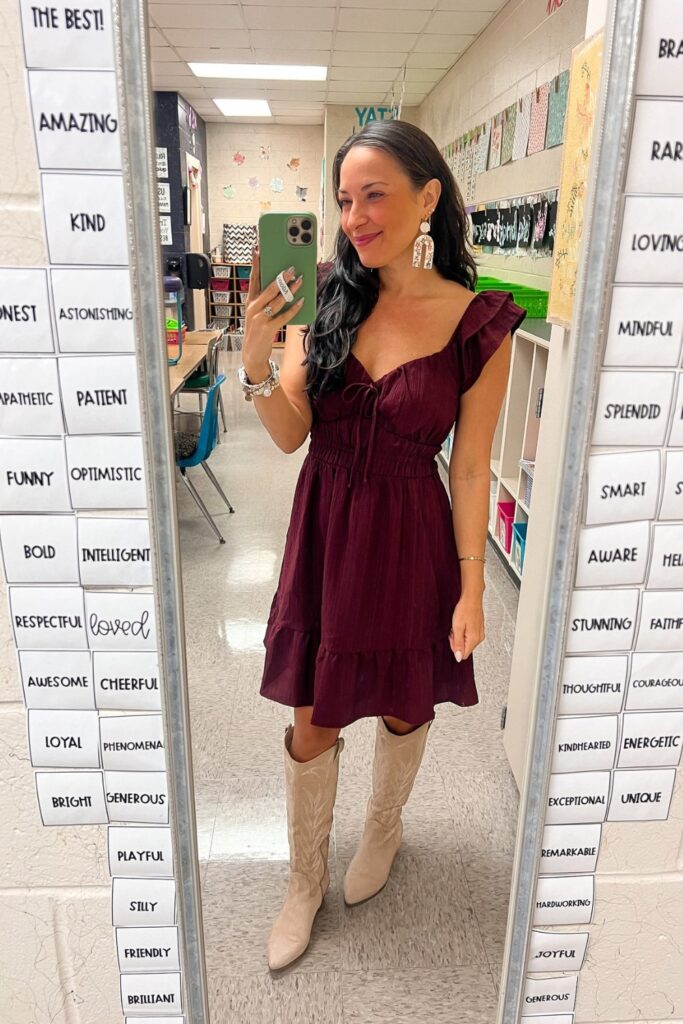Burgundy Sleeveless Dress and Cowboy Boots