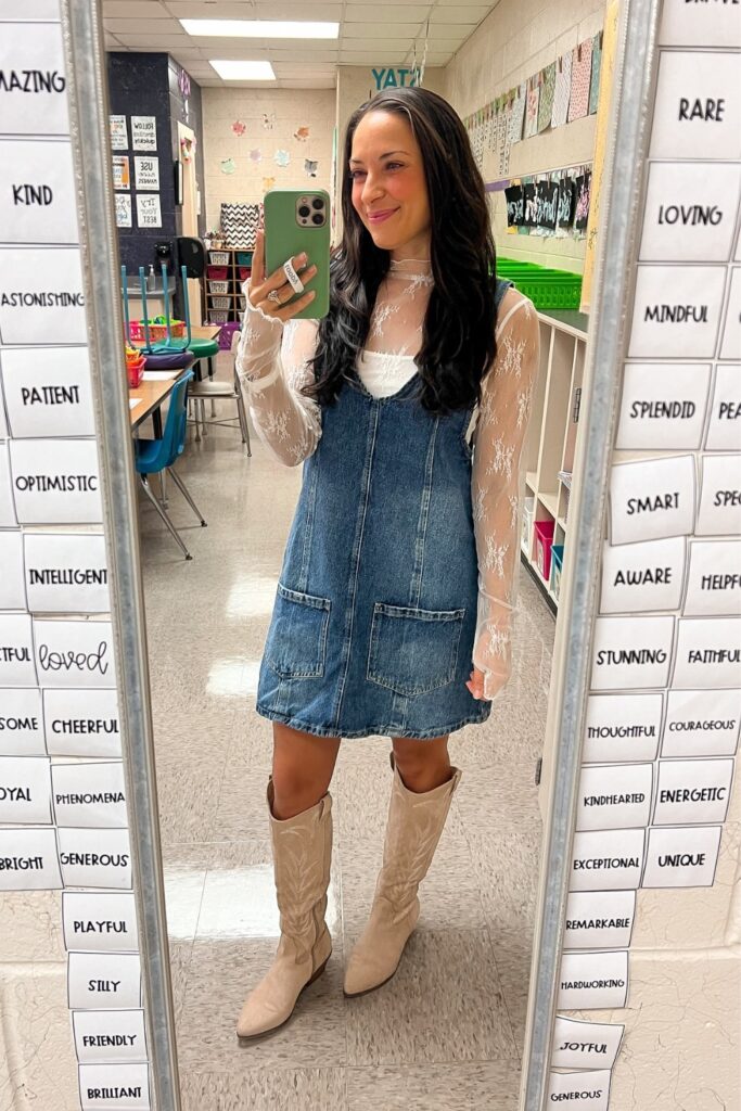 White Lace Top and Denim Overall Dress