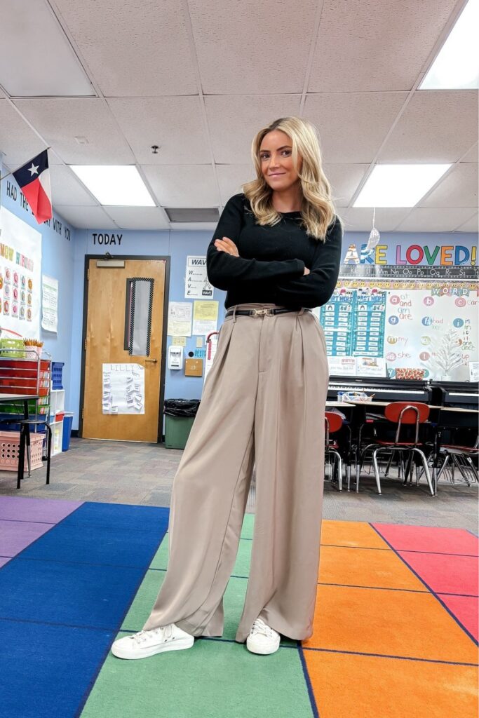 Black Long-Sleeve Top and Beige Trousers