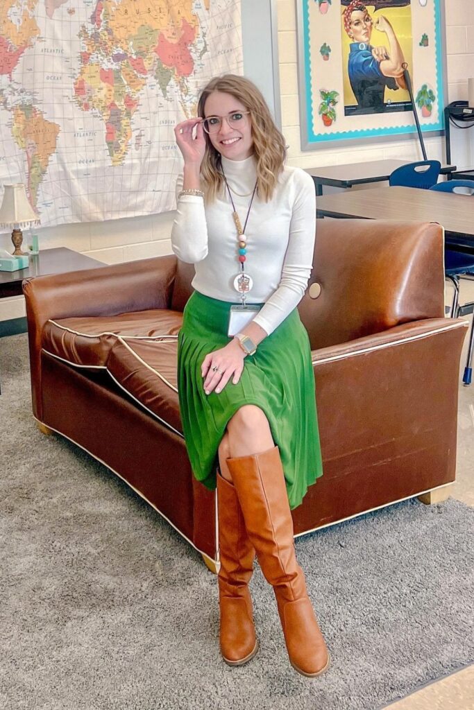 White Turtleneck and Green Pleated Skirt