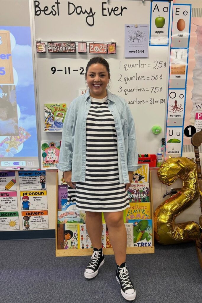 Striped T-Shirt Dress and Denim Jacket