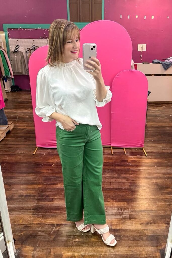 Balloon-Sleeve Blouse and Green Pants
