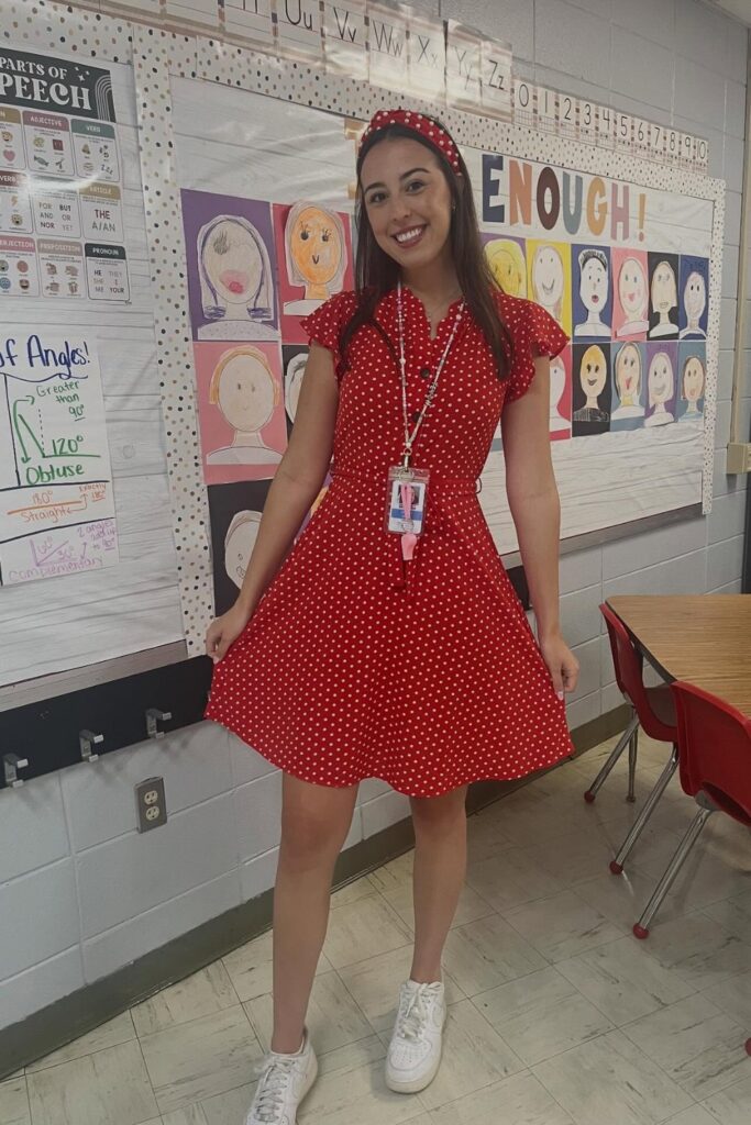Red Polka Dot Midi Dress and White Sneakers