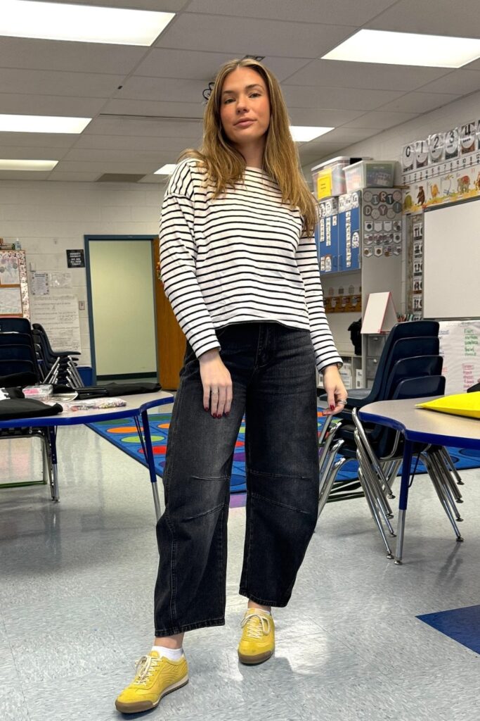Striped Long-Sleeve Top and Wide-Leg Jeans