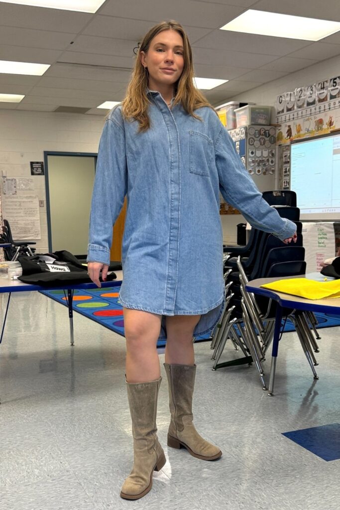 Denim Shirt Dress and Knee-High Boots