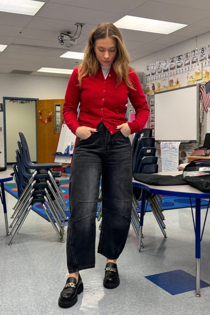 Red Cardigan and Black Wide-Leg Jeans