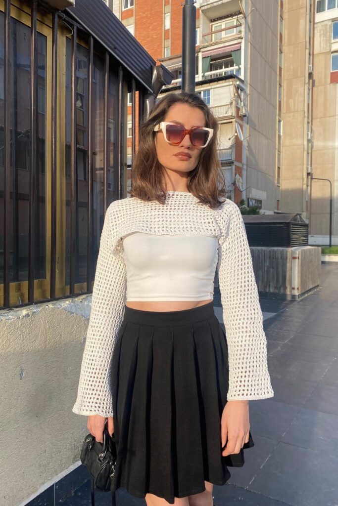 Crochet Shrug and Pleated Midi