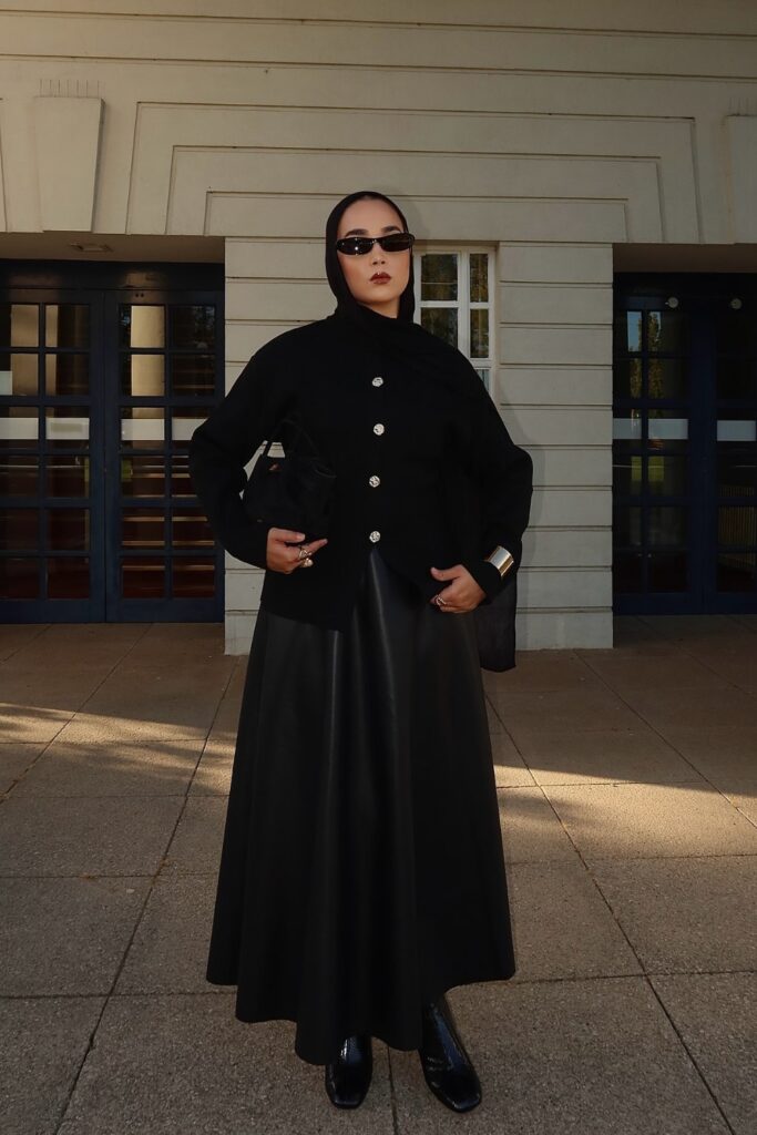 Black Button-Up Jacket and Maxi Skirt