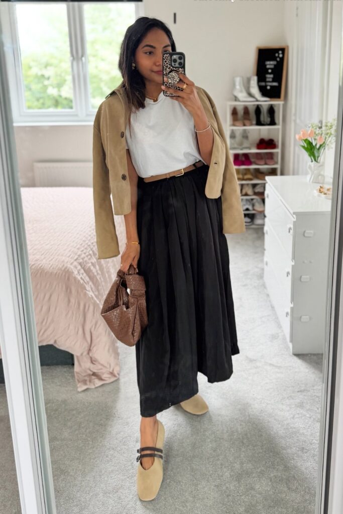 Basic Tee and Pleated Midi with Blazer