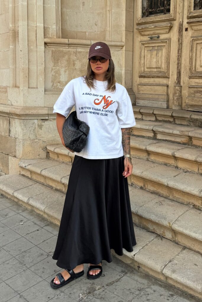 White Graphic T-Shirt and Flowing Maxi