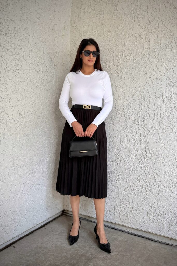 White Long Sleeve and Pleated Midi