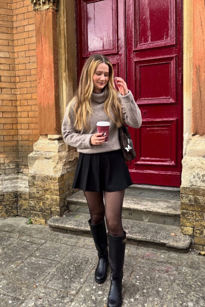Gray Turtleneck and Pleated Skirt