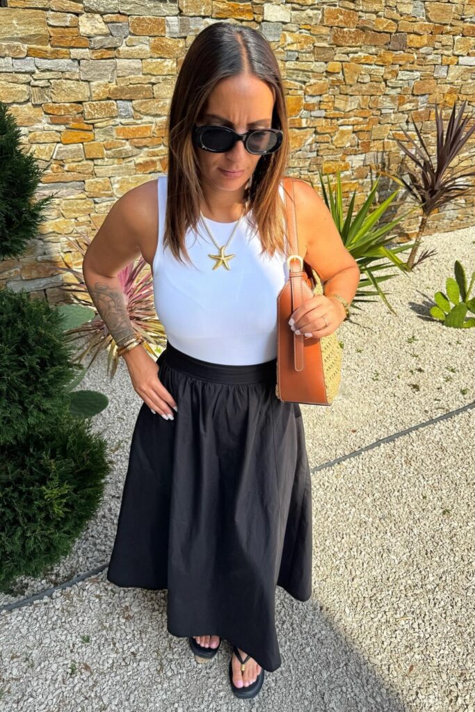 Sleeveless Bodysuit and Flowing Maxi