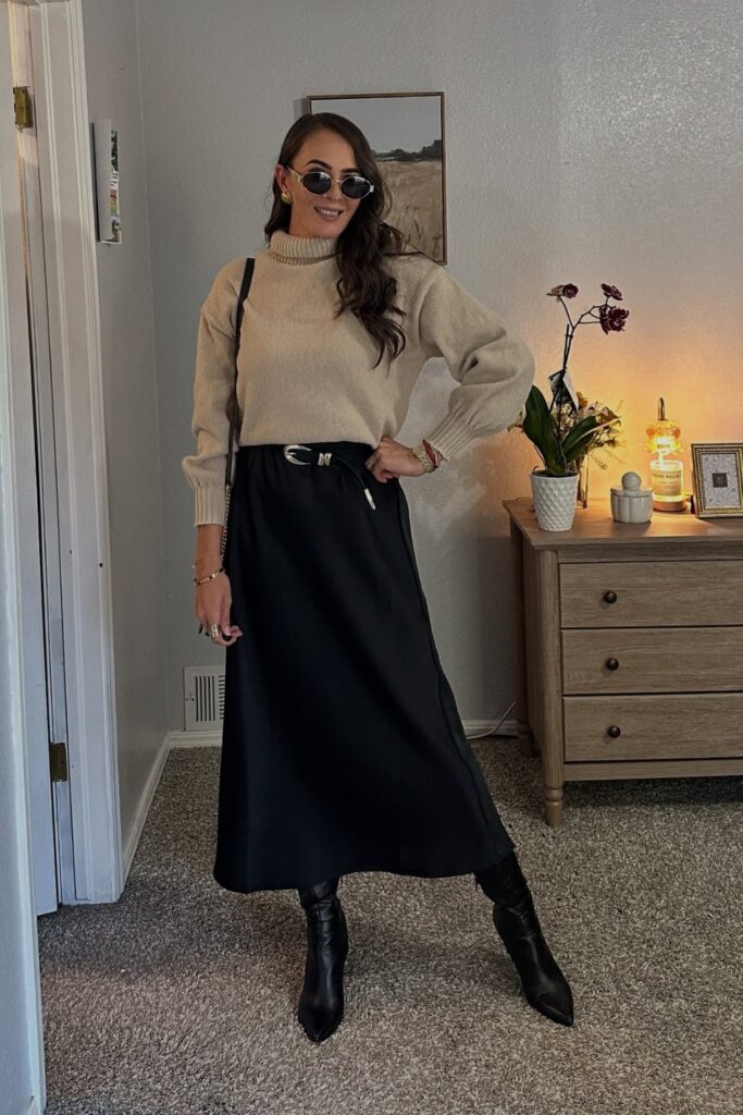 Beige Turtleneck and Midi Skirt