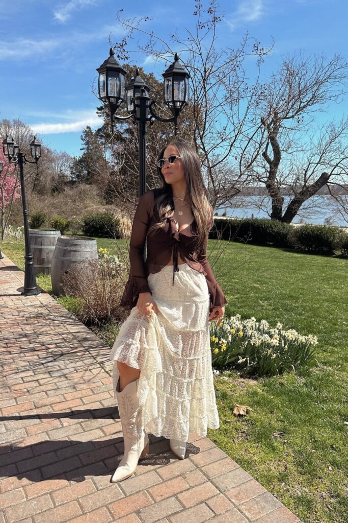 Tie-Front Blouse and Tiered Skirt