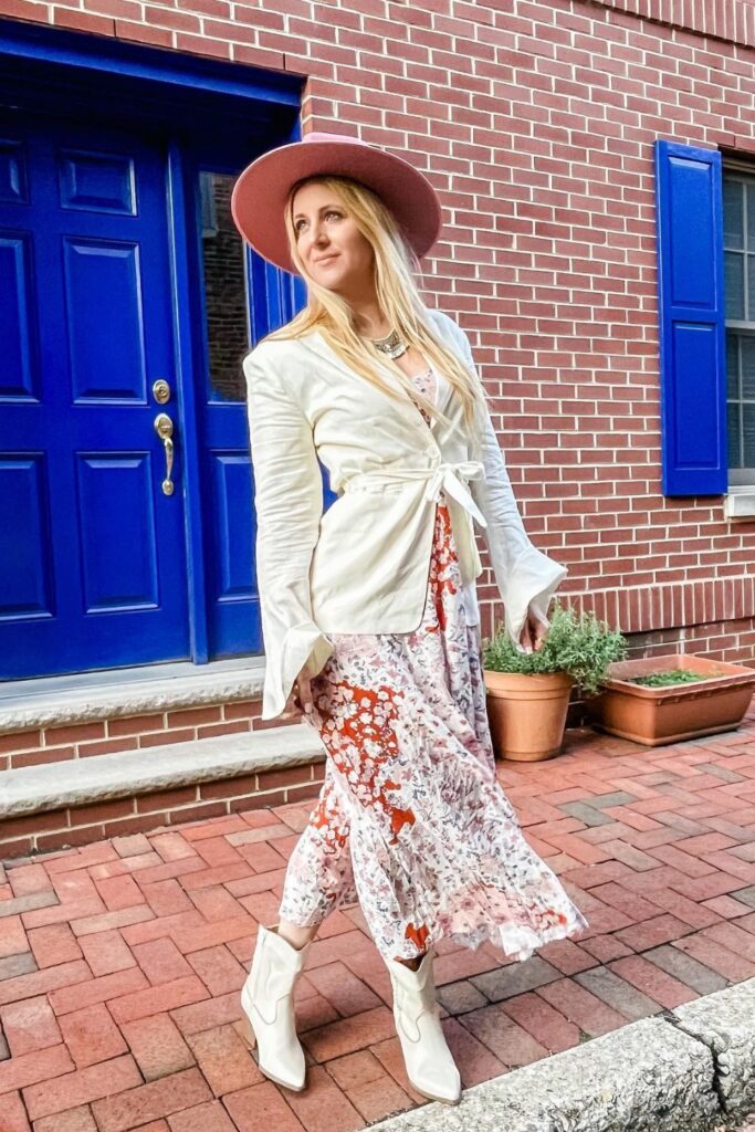 Wrap Blazer and Floral Midi Skirt