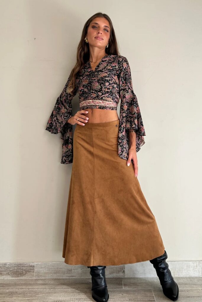 Floral Crop Top and Suede Maxi Skirt