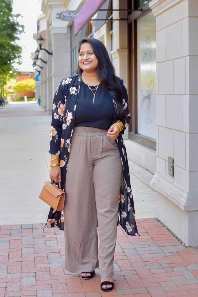 Black Kimono and Wide-Leg Trousers