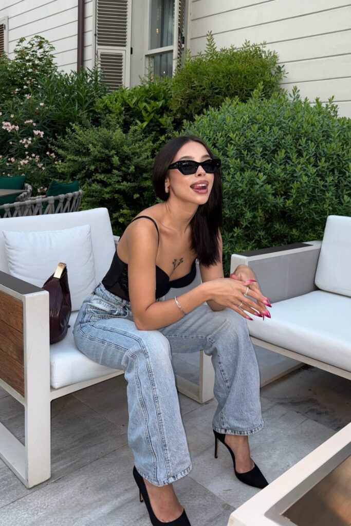 Black Lace Bralette and Light Jeans