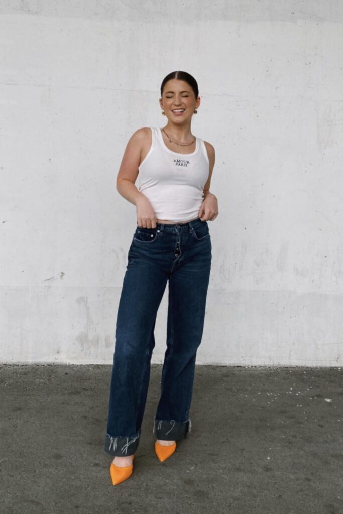 White Tank and Orange Heels