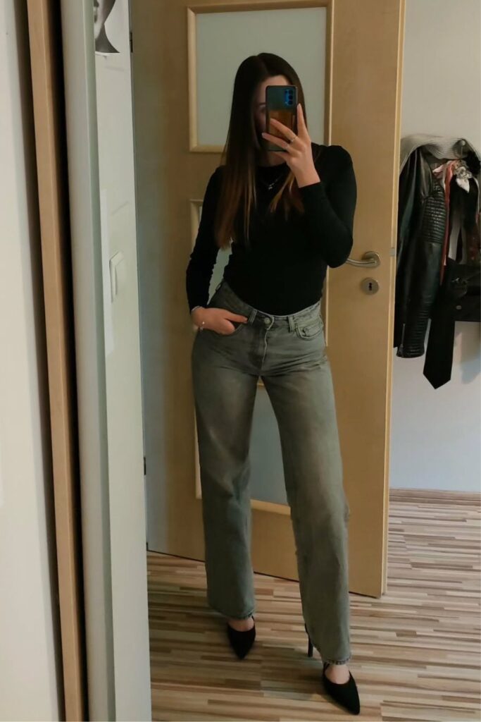 Black Fitted Top and Gray Jeans