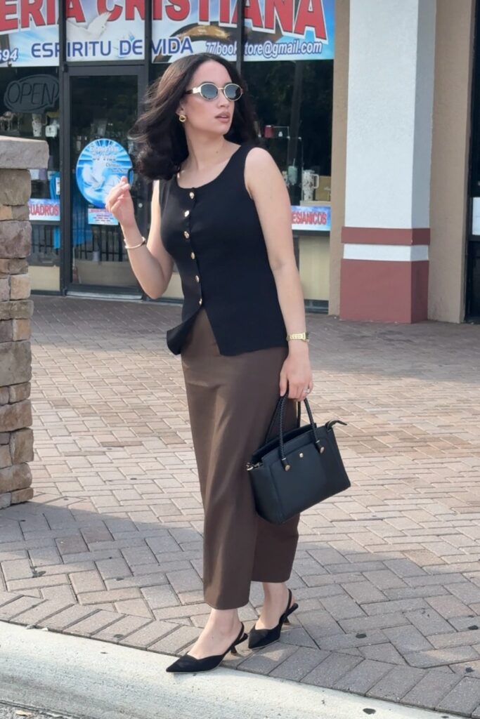 Sleeveless Vest and Brown Midi Skirt
