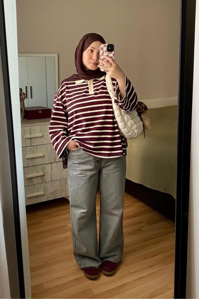Striped Rugby Shirt and Wide-Leg Jeans