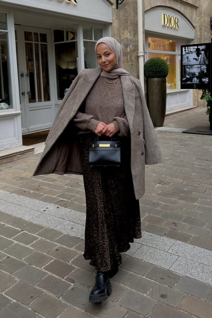 Turtleneck, Blazer, and Leopard Skirt
