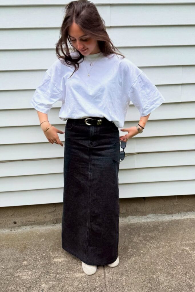White T-Shirt and Black Denim Skirt