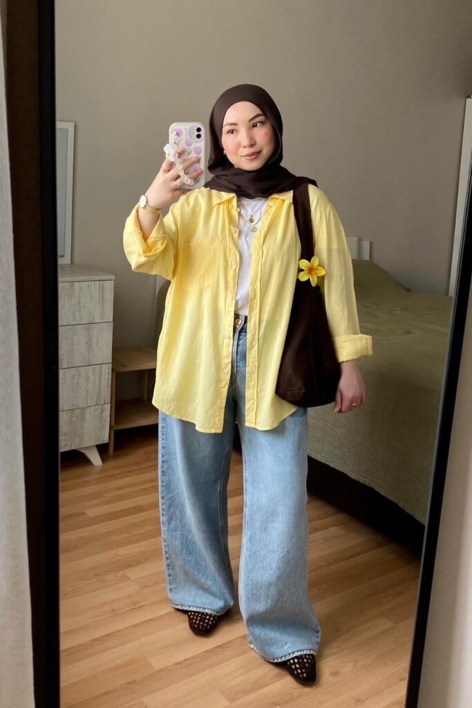 Button-Up Shirt and Wide-Leg Jeans