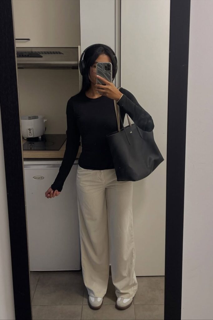 Black Long-Sleeve Top and Wide-Leg Pants