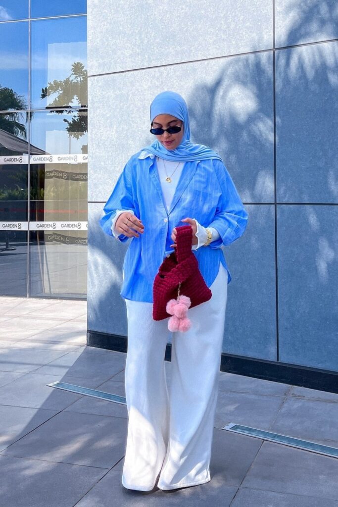 Sky Blue Button-Up and White Pants