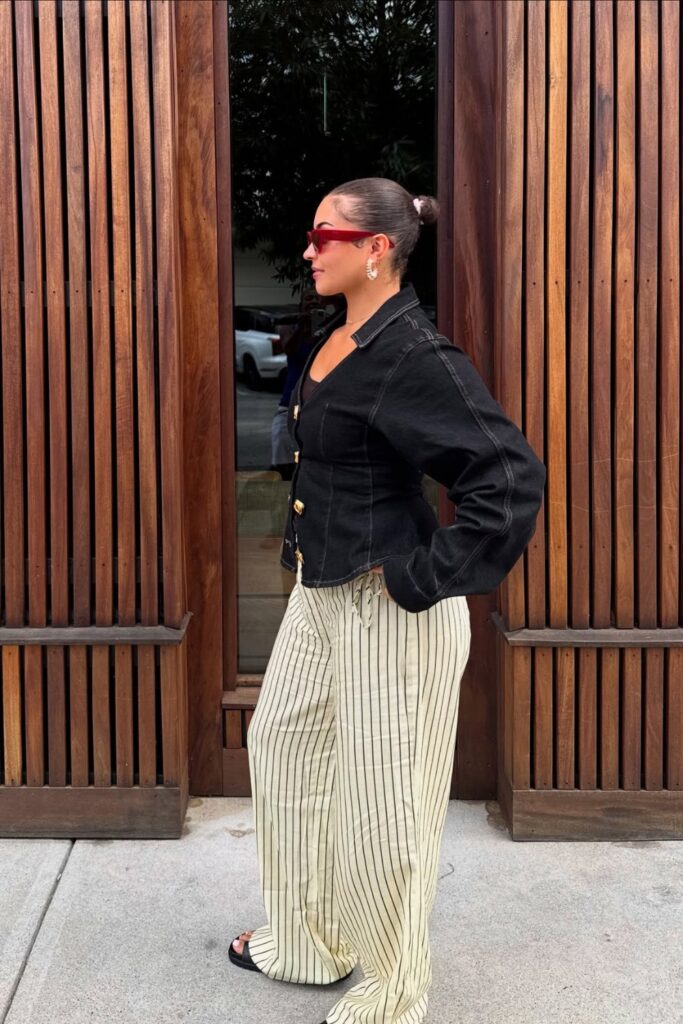 Denim Jacket and Striped Wide-Leg Pants