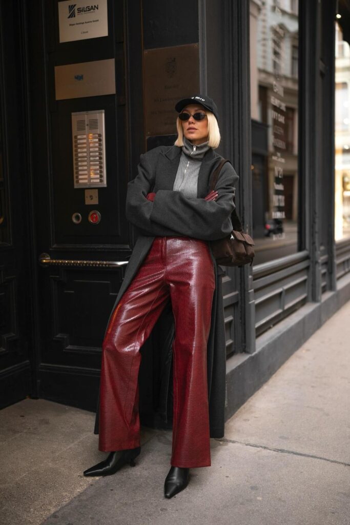 Gray Coat, Turtleneck, and Burgundy Leather Pants