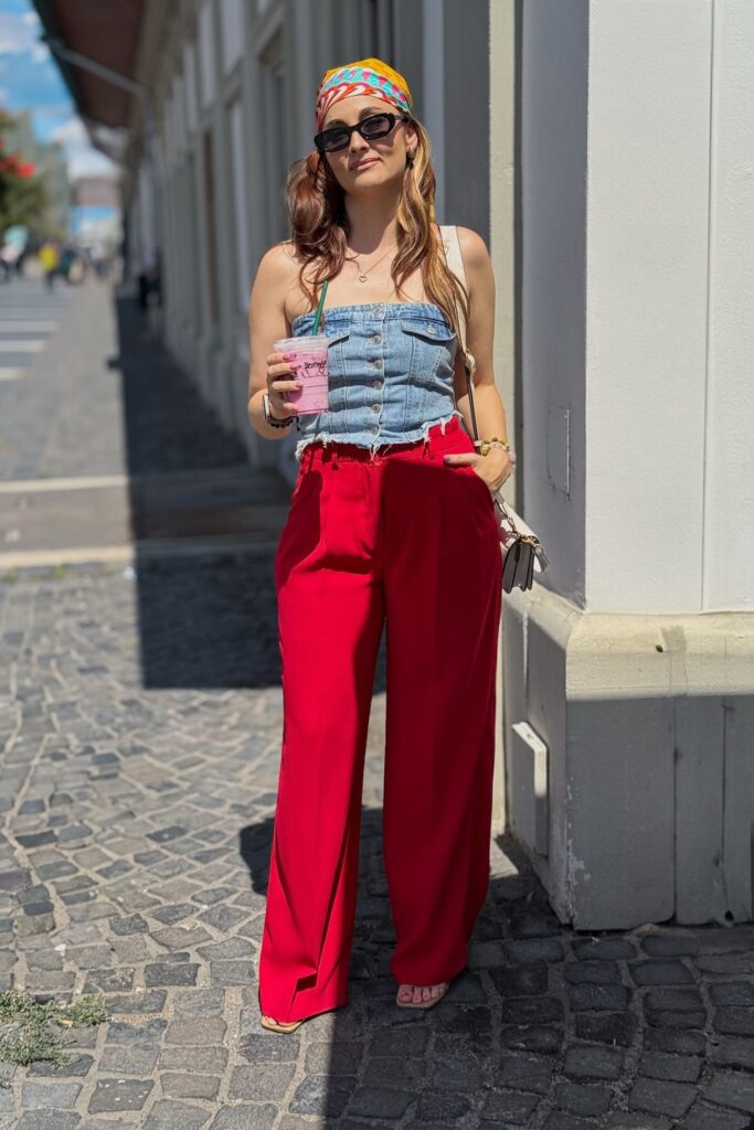 Denim Crop Top and Red Wide-Leg Pants