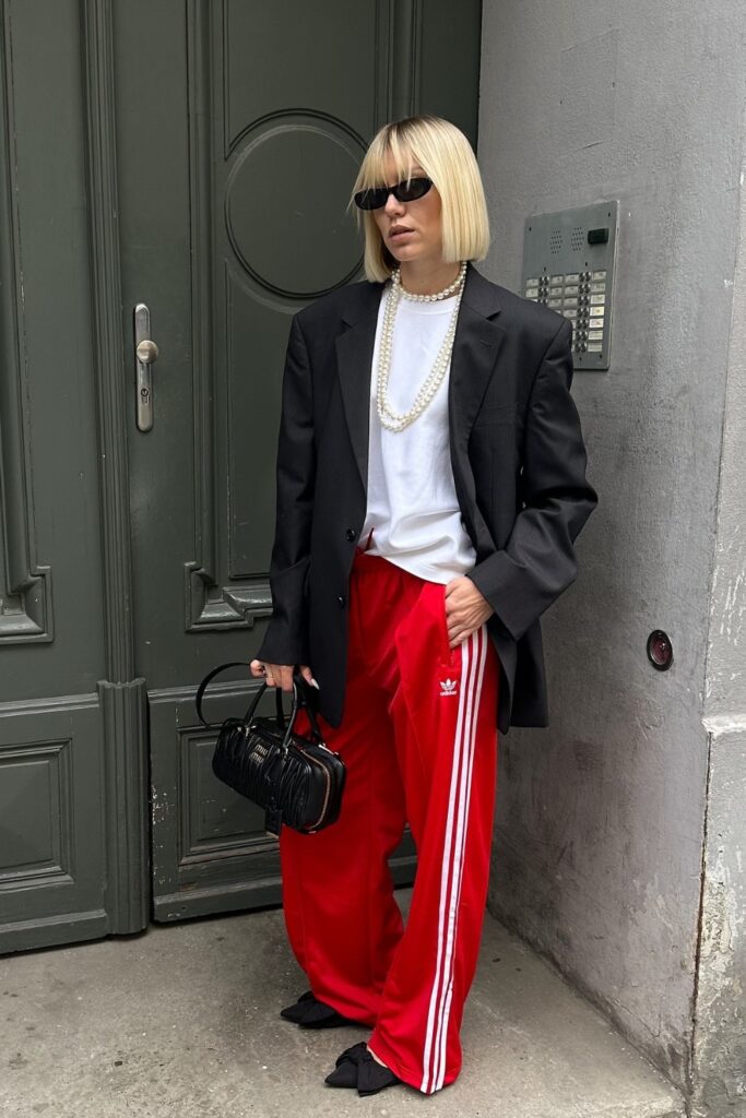 Black Blazer, White Tee, and Red Track Pants