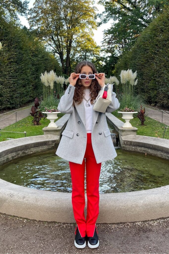 Gray Blazer, White Tee, and Red Pants
