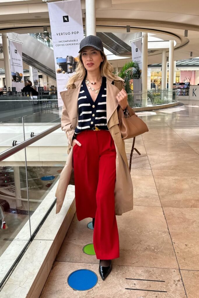 Navy Cardigan, Trench Coat, and Red Wide-Leg Pants